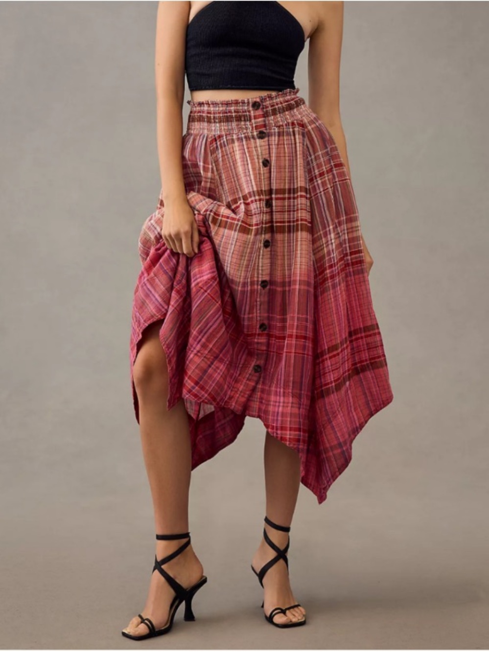 Pilcro Dip Dye Pink Plaid Handkerchief Hem Skirt